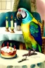 Placeholder: Parrot wearing jarmulke is sitting at a table with a birthday cake. Watercolour