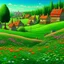 Placeholder: A green grassy town with flowers painted by Frank Wilson