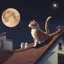 Placeholder: un gato saltando a un tejado en la noche y que se vea la luna luminosa de fondo, con perros mirando desde el suelo, no del tejado.