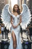 Placeholder: Front view half body excellent realistic portrait Beautiful Angel straddle wings playing dj music turntable with covering luxury Victorian gown,walking at new York City street