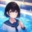 Placeholder: Clear focus,High resolution, Black short fluffy hair, and blue eyes, wearing a sailor uiform, in a pool