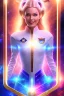 Placeholder: cosmic woman smile, admiral from the future, one fine whole face, crystalline skin, expressive blue eyes,rainbow, smiling lips, very nice smile, costume pleiadian, Beautiful tall woman pleiadian Galactic commander, ship, perfect datailed golden galactic suit, high rank, long blond hair, hand whit five perfect detailed finger, amazing big blue eyes, smilling mouth, high drfinition lips, cosmic happiness, bright colors, blue, pink, gold, jewels, realist, high commander