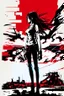 Placeholder: Dark outline line art anime style double exposure of a silhouette of a cyberpunk-inspired woman standing in front of a landscape shot of an active war zone with distant explosions, light black and red long hair, light blue eyes, short red and white tank top, hands on hips, (looking intently at viewer), (viewer from low ground level view with focus on eyes), (double exposure), (inspired by Cyberpunk mixed with Code Geass mixed with Fate: Grand Order), (giant red moon in background), (vibrant colo