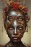 Placeholder: an abstract painting of rusted metal and flowers, heart filled with love African slave lady working, rust, scaffolding, iron cladding, decay, mixed media, textured, anatomically correct, beautiful perfect face, sharp focus, highly detailed