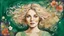 Placeholder: dark green background, abstract art complementary colours fine details , old torn worn paper, peeling, high grain, portrait of blonde woman , flowers in hair, acrylic, alcohol ink, fine drawing, A blonde woman in her 40s, with flowers woven into her loose, curly hair, sits in a whimsical, fairy-tale setting, surrounded by delicate swirling patterns reminiscent of the textures of old torn paper, in a vibrant, abstract style combining acrylic and alcohol ink techniques, with fine detailing that hi