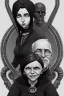 Placeholder: black and white old victorian couple portrait, woman sitting, tentacles, lovecraftian style