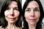 Placeholder: A selfie of a brunette woman, middle short hair, showing a 37-year-old European woman. She has white skin, tousled brown hair, face without makeup, big round dark brown eyes, cute profiled nose, detailed full lips, skin texture. Split screen and show the same face but 15 years older