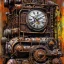 Placeholder: an abstract painting of an old locomotive, rust, scaffolding, iron cladding, decay, mixed media, textured, anatomically correct, melted clock, highly detailed