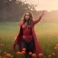 Placeholder: Feiticeira escarlate, Elizabeth Olsen, feiticeira, magia, bonita, cenário em um campo de flores, cinematográfico, dramático, por do sol, campo de flores, cores frias