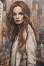 Placeholder: Ginger hair Jennifer LawrencePunk rock girl style oil painting Margot Robbie and Emily Ratajkowski of lovely bombshells Gustav Klimt style, dream, symptom, image in the background in the city artgerm display Gustav Klimt style artgerm display in the 20 th century New York City. Sigmund Freud's trip to New York was like an adventure , and the city itself seemed like a big illusion, full of light and shadows.