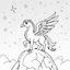 Placeholder: Make black and white cute drawing of a hippogriff with black bold lines. Only outline, no grayscale. A noble hippogriff with a horse’s body and eagle wings, perched on a rock with a proud pose. Make the feathers shimmer with magical patterns, and set it against a sky filled with shooting stars.