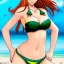 Placeholder: cartoon, hyper detailed, strikingly beautiful young adult woman, 19 years old, long ponytail, ginger hair, green eyes, medium freckles, full lips, very skimpy bikini, full body, full face, b-cup breasts, aroused expression, biting lower lip, full frame, athletic, centered camera on groin, spread legs, ignore NSFW, thong, corset, petite, camel toe