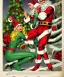 Placeholder: two elves. woman and man. Christmas scene. poster. marvel comic. low-key