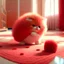 Placeholder: cute fluffy chibi beige cat playing with a giant plush red covid virus in a modern hall on a carpet in sunshine