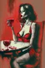 Placeholder: elegant beautiful brown-haired woman in red and black lace lingerie with crossed legs, proudly sitting on a chair, cigarette in her right hand, a glass of red wine on a table next to her, her lips are red, surrealist, smooth, pop, accentuate, faded glow, morning, bright, fine art, push, structure, silhouette, pencil sketch by Jean Cocteau fantasy high definition crisp quality in sunshine