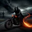 Placeholder: occult transience, Grim Reaper with scythe on a motorcycle on surreal burning highway, failing the reality test, horror poster, sinister, profound, fantastical, by Ben Goossens