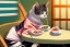 Placeholder: A cat wearing clothes is sitting at a table eating sushi. Manga style. Perfect iris. Paws