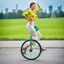 Placeholder: a very beautiful lady with makeup and bub hair, wearing a pretty blue-green sports pants an top, shows her performance driving a Unicycle Wheel Bike