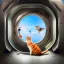 Placeholder: hyper-realistic flying astronaut looking at cat inside spaceship window, 8k resolution, high-quality, fine-detail, detailed matte, intricate, 3D octane render, illustration, digital art, brian froud, howard lyon, anna dittman, greg rutowski,