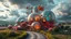 Placeholder: Dynamic cifi country side ,hypnotic of 3D structures Symmetry twisting and morphing between cifi plants , cifi flowers and metal geometric 3d structures buildings ,cifi cars, smooth translucent iridescent glass with inner glow and bubbles, varied transparent materials, stormy skies, intense dramatic
