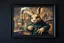 Placeholder: Real Charlie and the Chocolate Factory, in front of the frame, and town major troll mouse rabbit in style of Rembrandt and Fallout 4, with motion blur, all on a painting on wall with black wooden frame and with black wall background