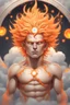 Placeholder: full body picture of a slim muscular god with galaxy's in his eyes, glowing orange hair that looks like it's made of the sun, a light gray body made of clouds with glowing cracks of orange within it in cloud patterns, he wears greek god like clothing that looks as if it's made of ice and water. realistic 4k