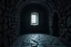 Placeholder: Inside of a dungeon with stone floor the only light comes from a small barred window high on the wall. chains hang from the wall Dark gothic fantasy. photorealistic. 4k