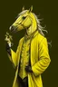 Placeholder: Yellow cockatrice with a tattoo of a horse in a smoking jacket