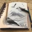 Placeholder: drawing in a sketch book of a landscape with mountains and a bird sitting in the forground.