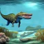 Placeholder: beautiful, stunning paleoart of masosaurus with alligator head and eel body swimming underwater, coral reefs, plants, in the style of eleanor kish, davide bonadonna, julius csotony, fabio pastor, wide field of view, Masosaurus, photorealistic, illustrative, digital art, 8k resolution, detailed matte, painting, artwork, deviantart