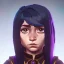 Placeholder: Portrait of a sweet 9 year old warlock toddler girl with brown hair with bangs and blue eyes