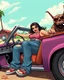 Placeholder: Consuela fat disgusting mexican woman in a tanktop and jeans, illustrated in a RAT Fink ed roth's monsters Style driving a convertable car