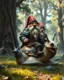 Placeholder: Cute Funny Fat Dwarves,wearing adorned armor,he on riding giant snail armored in beautiful forest giant trees oaks background