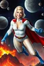 Placeholder: Karen Starr, full body, superhero landing pose, young athletic white female, crew cut bleach-blonde hair, blue eyes, thick black eyebrows, round face, semi-pointed chin, muscular build. Wearing white long-sleeved bodysuit with high collar with plunging neckline, blue elbow gloves, red belt with gold buckle, red cape, blue knee boots. Big smile. Background: outer space, planets, stars, galaxies, fire, explosions, volcanic lava, craggy peaks. Photorealistic