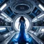 Placeholder: wide-angle photo of a woman in an electric blue dress, with long glowing blue wavy hair, on a space station with views into space