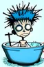 Placeholder: 2d drawing of a stickman, cool with punk hair, x eyes like in hangman, in luxury jacuzzi ,3d realistic in colour