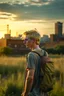 Placeholder: A profile photo of a handsome fifteen year old boy wearing an old backpack standing in a field with an abandoned city skyline in the background, short blond hair, ripped tank top and torn shorts, sunset, tall grass, bright colours, lonely landscape, cinematic photography, high resolution, high quality, highly detailed.