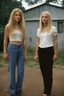 Placeholder: Create a portrait of two very different young women. Standing pose. One is slim and high with blond hair and blue eyes, and the second one is from Africa. Women look into eyes each other. Photo taken by a Mamiya M645 camera with a portrait lens on classic medium-format film