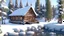 Placeholder: this small log cabin is snow covered during the day with christmas decorations and trees inthe background with a small river bank in 8k