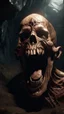 Placeholder: An evil creature with skull covered with thick layer of dark brown corrosion , open his mouth wide screaming no teeth , and standing in front of a dark cave, Bosch painting style , of a nightmare , hyper photorealistic, hyper detailed dark , high resolution, fog, octane render, tilt shift, 8k ,