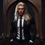 Placeholder: stunningly handsome male aged 25, muscular, long blonde hair, wearing a dark suit, tan skin, tattoos,4k, modern fantasy