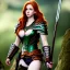 Placeholder: Realistic, hyper detailed, strikingly beautiful young adult woman, 19 years old, long ginger hair, green eyes, medium freckles, full lips, very skimpy fantasy armour, full body, full face, small breasts, aroused expression, biting lower lip, full frame, petite, centered camera, ignore NSFW, bow, quiver on hip, tight pants, bent over, butt