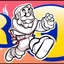 Placeholder: Male Fantasy RPG character, chaabi kawaii Mario proportions, lord of the rings inspiration, Vandyke beard, with a long ribbon held out in front as he runs from behind a large rock at an angle, isometric game