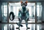 Placeholder: full body portrait of humanoid weasel shiny yoga cat crow air captain racer semi transparent hypnotic kind eyes in front of mirror