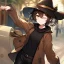 Placeholder: Clear focus, High resolution, short brown spiky hair, hair between eyes, eyes closed, wearing a brown detective hat, wearing a brown jacket and a black shirt, wearing black shorts, 1girl, pulling hat down, smiling, wearing a oversized hoodie