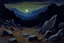 Placeholder: Rocks, night, mountains, 2000's sci-fi movies influence, ludwig dettman impressionism painting