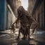Placeholder: Extreme grandiose and cinematic photo in realistic colors (sparks around) ((Rare parasite creature Holding a membranous cocoon)) dirty realistic metal ragged clothes, dynamic pose and expression, in the city ally of ancient tales, high lighting, intricate, 8k, macro photography,