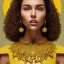 Placeholder: movie poster of conely with curly hair and crystal necklace trying dress focus on upper body and face, yellow ball background, bushy eyebrows