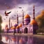 Placeholder: Hyper Realistic Orange & Purple Mosque with Brown Minarets riverside at beautiful cloudy weather with birds flying