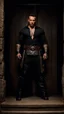 Placeholder: Jason David Frank Very muscular man with short hair and tribal tattoos piercings wearing an open necked shirt and black jacket dark fantasy standing in a doorway